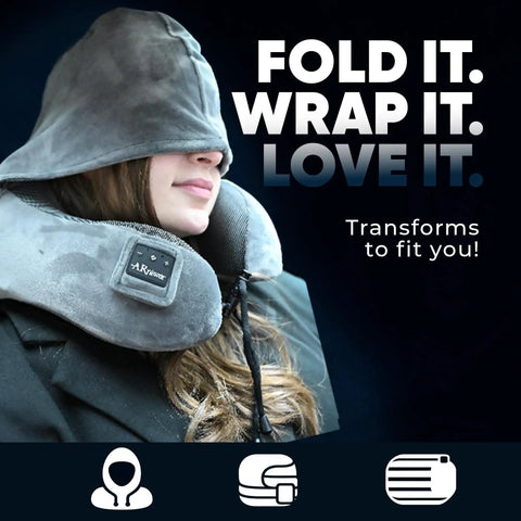 Woman wearing Wireless Bluetooth Music Neck Pillow With Hood For Travel Sleep Semicircular Design With Built In Speaker.