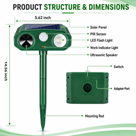 4 Pack Ultrasonic Outdoor Animal Deterrents With Solar Power Motion Sensor IP65 Waterproof Flashing Light That Scares Squirrels Raccoons Rabbits Foxes Skunks Cats Dogs In Your Yard Or Garden, green stake unit