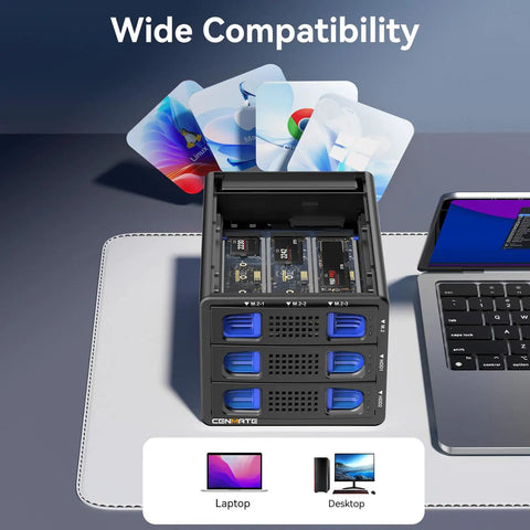 Beefy Hybrid Storage Rig Housing Two Sata Drives Alongside Triple M.2 NVMe Slots With Flexible Raid Configs Built In Silent Fan And Super Fast Dual USB 3.2 Ports For Max Capacity Setup with laptop and desktop compatibility.