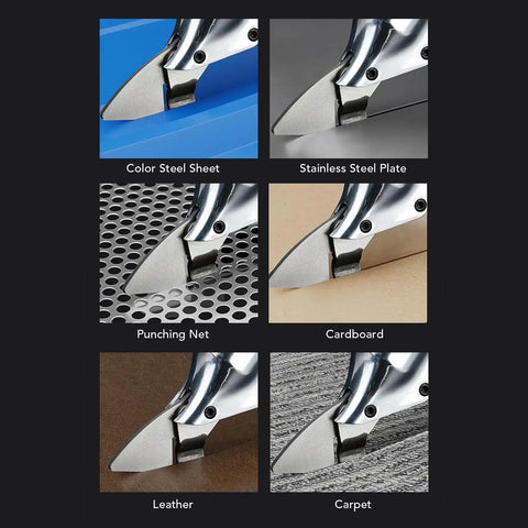 Heavy Duty Cordless Metal Shears With 360 Degree Rotating Head And Brushless Motor cutting various materials like steel, leather, and carpet.