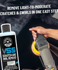 One Step Scratch And Swirl Remover Compound And Polish For Restoring Showroom Shine And Paint Clarity Car Scratch Remover 16 Oz bottle and person using polisher