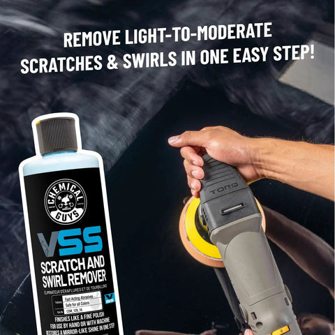 One Step Scratch And Swirl Remover Compound And Polish For Restoring Showroom Shine And Paint Clarity Car Scratch Remover 16 Oz bottle and person using polisher