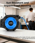 Retractable 3/8 Inch By 100 Foot Hybrid Air Hose Reel With 6.5 Foot Lead-In, Auto Lock And Release System in garage setting