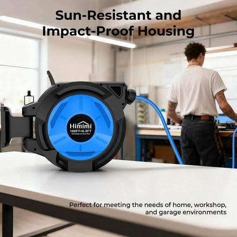 Retractable 3/8 Inch By 100 Foot Hybrid Air Hose Reel With 6.5 Foot Lead-In, Auto Lock And Release System in garage setting