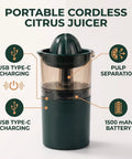 Asixxsix Portable Electric Citrus Juicer In Dark Green 400ml Cordless Handheld Fruit Press Machine With Built In Pulp Filter showing USB Type-C charging features.