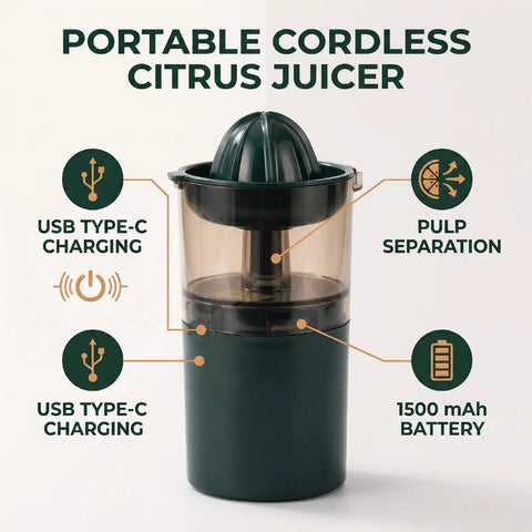 Asixxsix Portable Electric Citrus Juicer In Dark Green 400ml Cordless Handheld Fruit Press Machine With Built In Pulp Filter showing USB Type-C charging features.