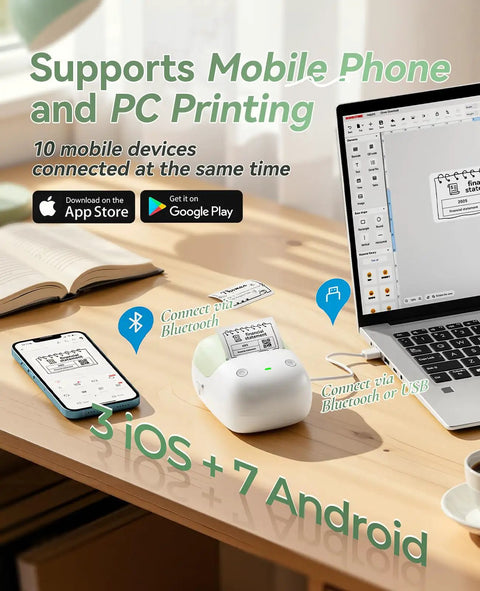 No Sweat Portable Label Maker With Bluetooth And One Touch Offline Printing For Sweet Home Office Organization Ready To Roll Including Tape In Classic Green White Finish showing mobile and PC printing support.