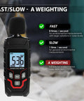 Pro Grade Digital Sound Level Meter With Backlit Display 30 To 130 dB Range 0.1 dB Resolution Plus Minus 1.5 dB Accuracy A Weighting 31.5 Hz To 8 kHz Response Fast Slow Max Min Hold Portable Noise Meter For Home Theater Office Studio black handheld meter front view