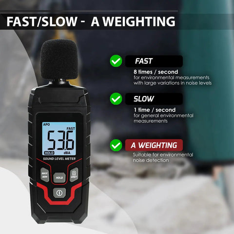 Pro Grade Digital Sound Level Meter With Backlit Display 30 To 130 dB Range 0.1 dB Resolution Plus Minus 1.5 dB Accuracy A Weighting 31.5 Hz To 8 kHz Response Fast Slow Max Min Hold Portable Noise Meter For Home Theater Office Studio black handheld meter front view