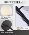 Set of 2 Dope Black Globe Wall Sconces With Milk Glass Shades product details showing milk white globe, matte black body, and metal canopy