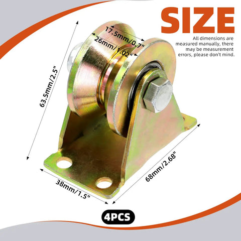 Heavy Duty 2 Inch V Groove Wheels With Bracket Set Four Pack For Sliding Gates And Mechanical Equipment Made From 1045 Steel Durable Rust Resistant Rollers And Bearings. Close-up of single wheel with dimensions.
