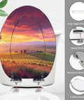 Elongated Slow Close Toilet Seat Farmhouse Style for Bathroom with sunset vineyard design, showcasing stainless steel hinges.