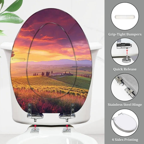 Elongated Slow Close Toilet Seat Farmhouse Style for Bathroom with sunset vineyard design, showcasing stainless steel hinges.