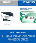 Two Kimtech Science wipe boxes: Delicate Task Wipers (green/white pop-up box, 286 sheets) and Precision Wipes (navy/white).