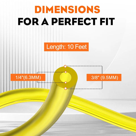 10 Feet Fuel Line Hose For Small Engines One Quarter Inch Inside Diameter To Three Eighths Inch Outside Diameter Includes Ten Hose Clamps Ideal For Lawn Mowers Chainsaws String Trimmers Tillers Generators Blowers Gas Line Replacement showing dimensions and fit