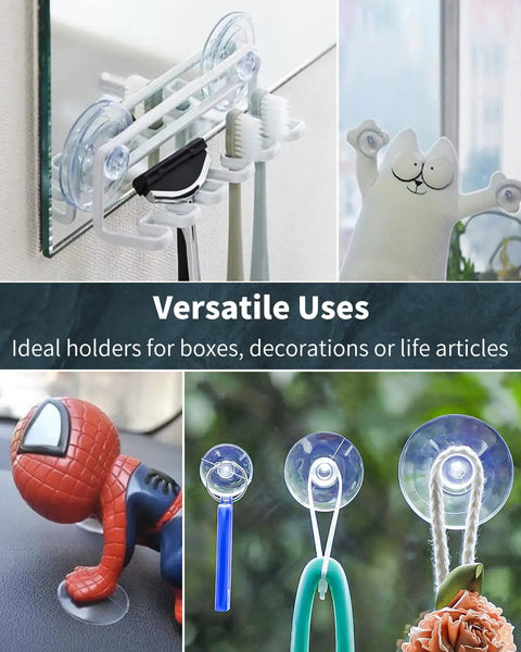 Small Rubber Suction Cups For Glass 30 Pack Assorted Sizes holding towels, toys, and plants on glass and car surfaces.