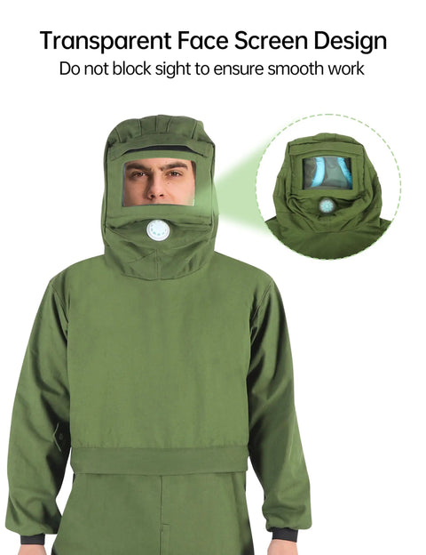 Pro Grade Sand Blasting Hood Suit with Clear Visor, showing ventilated design and face screen for metal sandblasting jobs.