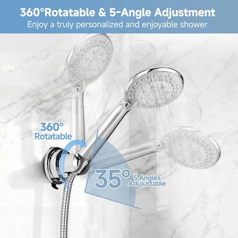 Removable Shower Head Holder For Bathroom with No Drill Suction Cup showing 360° rotation and 5-angle adjustment on tile