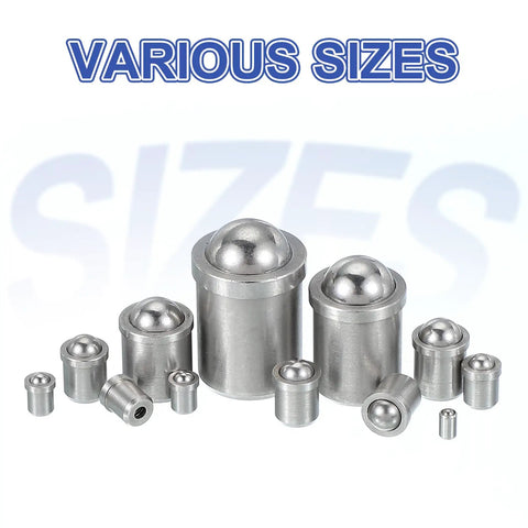 Top Shelf Industrial Grade 304 Stainless Steel Ball Point Spring Plungers 12Mm X 16Mm Heavy Duty Ball Lock Pins With Tough Springs For Toolboxes And Cabinet Latches 4 Pack displayed in various sizes.