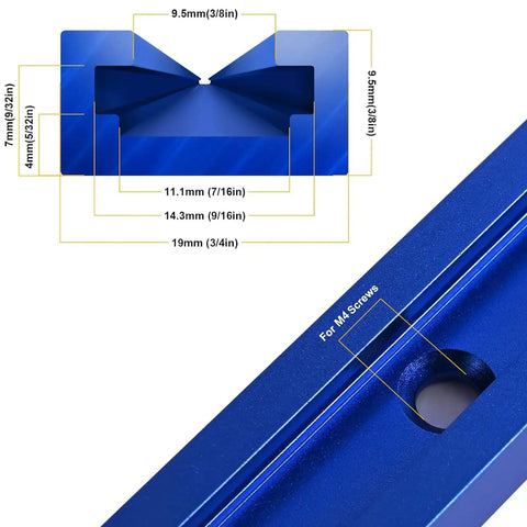 Dimensions and details of 2 Pack 36 Inch Aluminum T Track Kit With Screws For Universal T Track Accessories Blue Premium 6063 Aluminum Sandblasted Finish A Beefy Pick For Woodworking Jigs Tables Router Guides And DIY Projects.