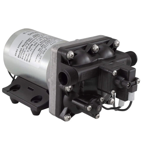Side view of 115V 3.0 GPM Water Pump For Boat And RV Revolution With Strainer, Model 4008 171 A65 E65, quiet automatic demand pump
