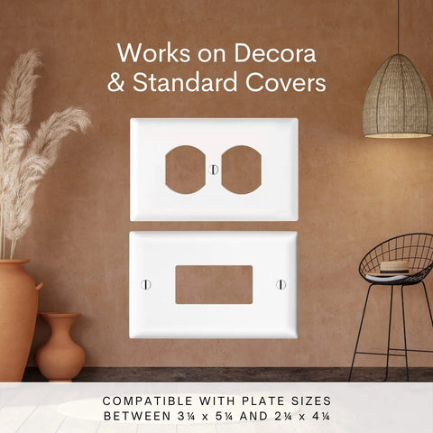 Horizontal Wall Outlet Shelf With Cord Storage Strap For Bathroom Declutter Counter Space Saver Echo Dot Stand HomePod Shelf Toothbrush Holder White Two Pack showing Decora and standard cover compatibility.
