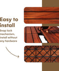 Three images showing easy installation of Interlocking Teak Deck Tiles 12x12 Inches Outdoor Flooring That Rocks Weather Resistant UV Protected Anti Slip Patio Pavers Backyard Balcony Pool Area Pack of 10