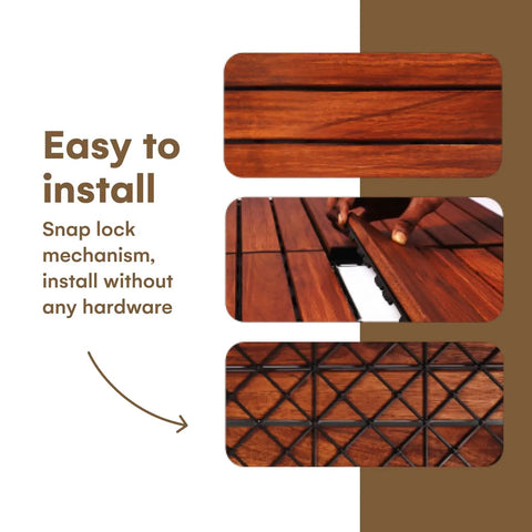 Three images showing easy installation of Interlocking Teak Deck Tiles 12x12 Inches Outdoor Flooring That Rocks Weather Resistant UV Protected Anti Slip Patio Pavers Backyard Balcony Pool Area Pack of 10