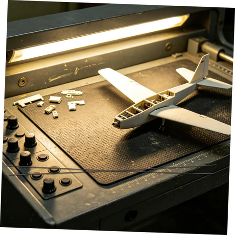 RC model plane construction on workbench, component parts visible, potential use for 10 Pack Carbon Fiber Round Rods For RC Models.