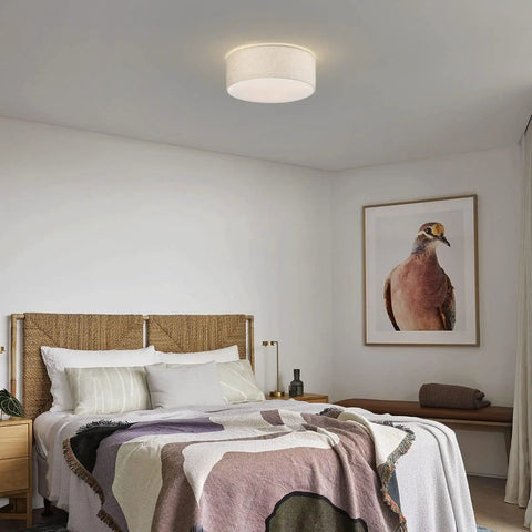 Bedroom with Three Light Drum Ceiling Light Fixture With Linen Fabric Shade Modern Farmhouse Flush Mount Round Lighting Cozy Warm Glow
