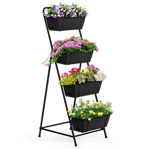 Black 4 Tier Vertical Garden Planter With Drainage Holes For Outdoor Plants Raised Garden Bed Stand full of colorful flowers