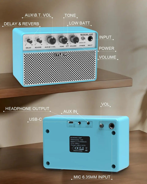 Front and back view of 10W Portable Acoustic Guitar Amp With Dual One Quarter Inch Inputs For Guitar And Microphone in blue.