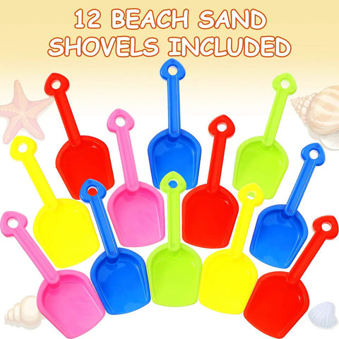 12 Piece Colorful Beach Sand Shovels For Kids Set With Plastic Summer Scoops displayed on a white background