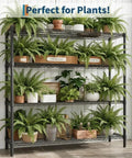 4 Tier Hella Heavy Duty Adjustable Steel Wire Storage Shelving Rack with Thickened Black Matte Finish Rust Resistant and Super Stable Load Capacity for Home Garage Organization Beast Mode Setup filled with potted plants.