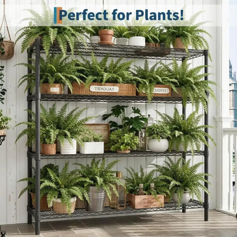 4 Tier Hella Heavy Duty Adjustable Steel Wire Storage Shelving Rack with Thickened Black Matte Finish Rust Resistant and Super Stable Load Capacity for Home Garage Organization Beast Mode Setup filled with potted plants.