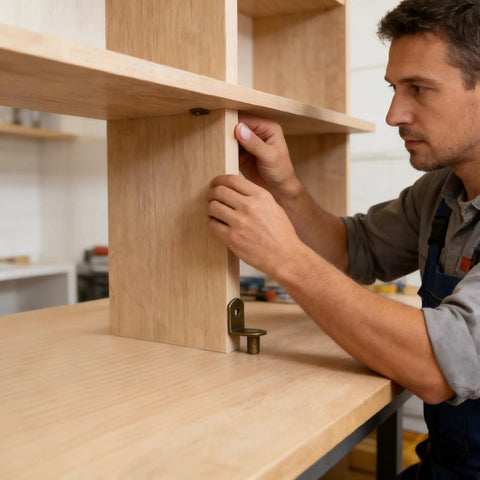 Man installing Rock Solid Steel Shelf Pins, Slick Bronze Plated 1/4 Inch Pegs on wooden shelves in a workshop.