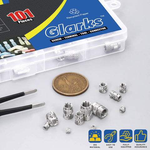 Heat Set Threaded Inserts Kit For 3D Printing M2 To M6 100 Pcs 303 Stainless Knurled Female Inserts For Plastic Parts And DIY Prototyping Durable Metal Threads For Strong Joints with box and tool.