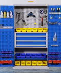 Lockable Steel Tool Cabinet With Multiple Shelves Pro Grade Heavy Duty Tool Storage Organizer For Garage Or Workshop Stacking Metal Cabinet With Secure Locking System Handy Combo Lock For Warehouse Tools, front view with pegboard and bins
