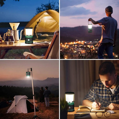 Collage showing Beast Bright Camping Lantern LED Battery Powered 1500 Lumen, 360 Degree Beam used outdoors and indoors at night