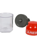 Deluxe Bearing Packer For Quick Grease Flush And Repack No Fuss Universal Fit For Roller And Ball Bearings Up To 3.5 Inches Use With Grease Gun Or By Hand Durable Polycarbonate Construction; transparent container with black and red parts