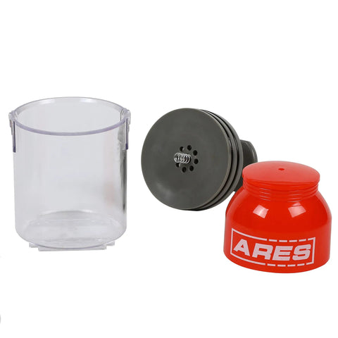 Deluxe Bearing Packer For Quick Grease Flush And Repack No Fuss Universal Fit For Roller And Ball Bearings Up To 3.5 Inches Use With Grease Gun Or By Hand Durable Polycarbonate Construction; transparent container with black and red parts