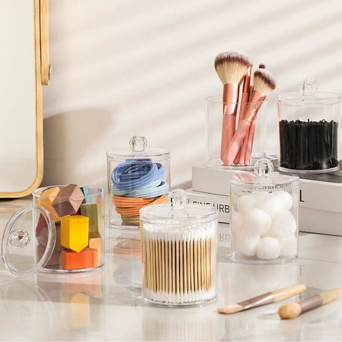 Super Practical Four Pack Clear Acrylic Qtip Holder Dispensers With Lids For Organizing Cotton Swabs Balls Pads And Floss Picks Comes With Labels In Two Sizes Twelve Ounce And Ten Ounce