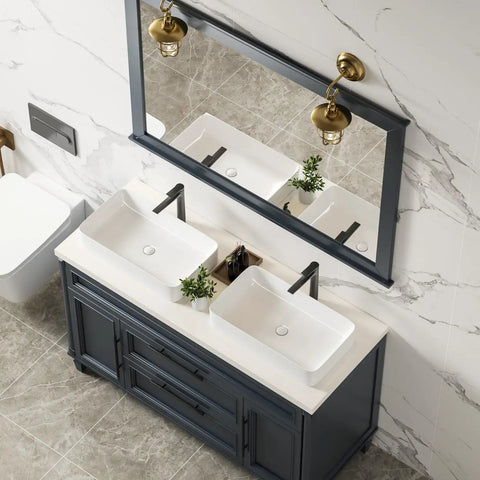Overhead view of bathroom with two 24 Inch Countertop Vessel Sinks For Bathroom, Modern Rectangular White Ceramic Basin.