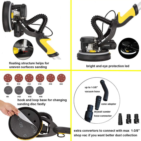Dustless Drywall Sander With Vacuum Dust Collector Pro Grade showing multiple features and accessories including LED light, sanding discs, and connectors.