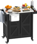 Outdoor Grill Cart With Stainless Steel Tabletop And Storage Cabinet, Portable Grill Island On Four Wheels With Folding Trash Can