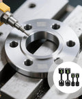 2 Piece Aluminum Flange Dowel Pin Set With Foam Spirit Level Alignment, Adjustable Height, shown in use on metal surface
