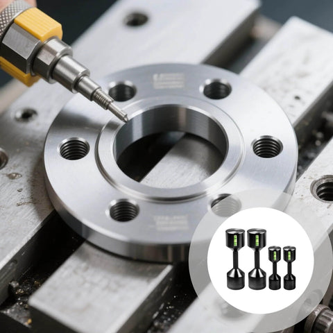 2 Piece Aluminum Flange Dowel Pin Set With Foam Spirit Level Alignment, Adjustable Height, shown in use on metal surface