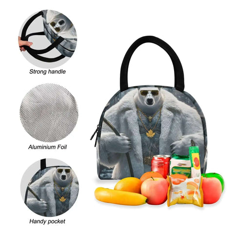 Bear Themed Sunglasses Backpack With Insulated Cooler Lunch Box, Lightweight 15.6 Inch Laptop Daypack shown with fruits