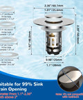 Front view of Hibbent chrome 3-in-1 sink drain with pop-up stopper and removable stainless filter basket; fits 1.1–2.36 in drain openings