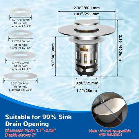 Front view of Hibbent chrome 3-in-1 sink drain with pop-up stopper and removable stainless filter basket; fits 1.1–2.36 in drain openings